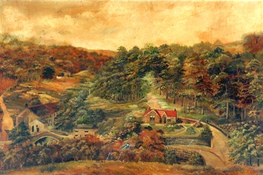 Maison et moulin dans un bois rural, vers 1880